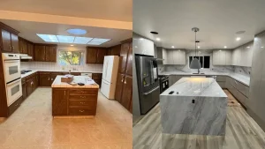 Before and after images of a kitchen remodel, highlighting new countertops, lighting, and a more open layout