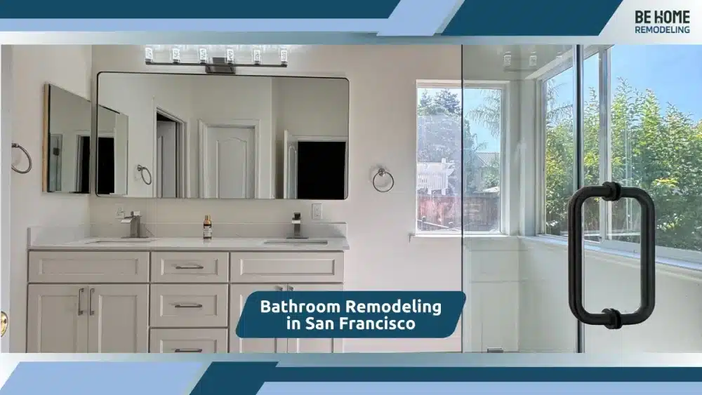 Modern bathroom remodel in San Francisco with glass shower and double vanity